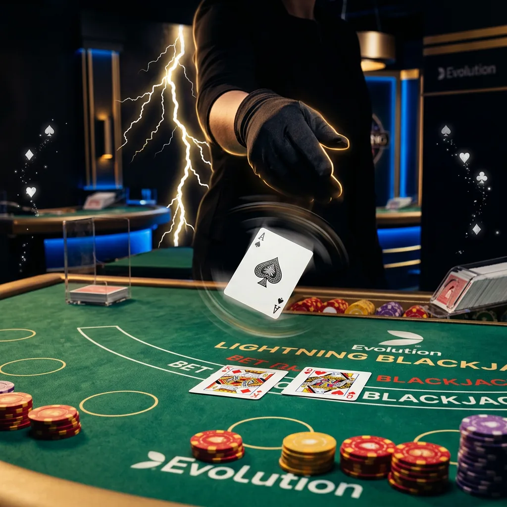 Cinematic shot of a dealer's gloved hand dealing the Ace of Spades mid-air with lightning energy crackling, with King of Diamonds and Queen of Hearts on green felt and chip stacks in foreground